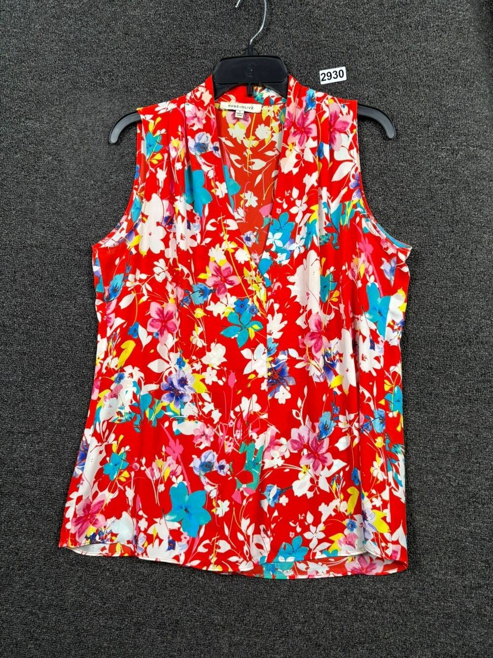 Rose + Olive Floral Blouse Womens Size L Red Sleeveless V-Neck Top Bohemian